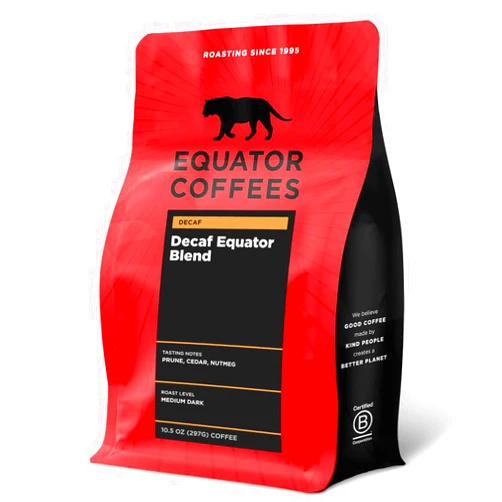 Equator Coffees & Teas Equator Coffees, Equator Blend Decaf Whole Bean Coffee, Medium Dark Roast, Fresh Roasted, Smooth Chocolate Nutmeg Flavor Notes, Sustainable, Decaffeinated Water Process, 10.5 oz Bag