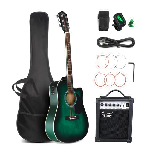 GLARRY Full Size 6 Strings Acoustic Electric Guitar Beginner Kit w/ 15W Amp, Cutaway 41 Inch Electric Acoustic Guitar w/Inbuilt Tuner, Bag, Strap, Picks, Strings, Basswood Guitarra, Distressed Green