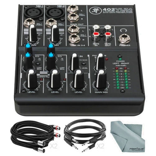 Photo Savings Mackie 402VLZ4-4-Channel Ultra Compact Mixer Preamps and Basic Bundle w/ 4X Cables + Fibertique Cleaning Cloth