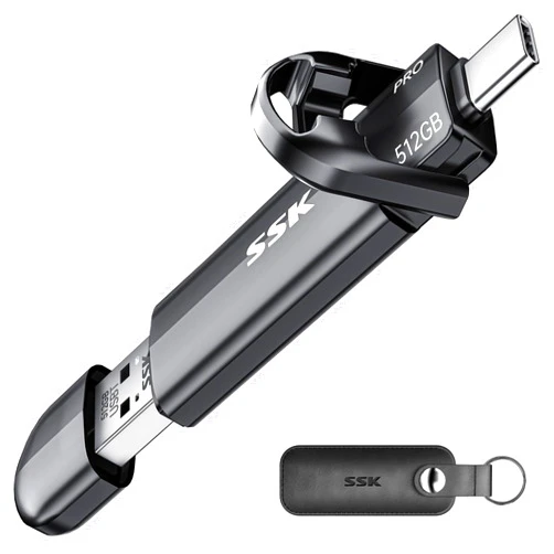 SSK USB Drive 512GB External SSD, 1000MB/s Solid State Thumb Drive No Speed Drop, Portable SSD USB A + USB C 3.2 Gen 2 Memory Stick for iPhone 15/Pro, Windows, Mac, Android Phones