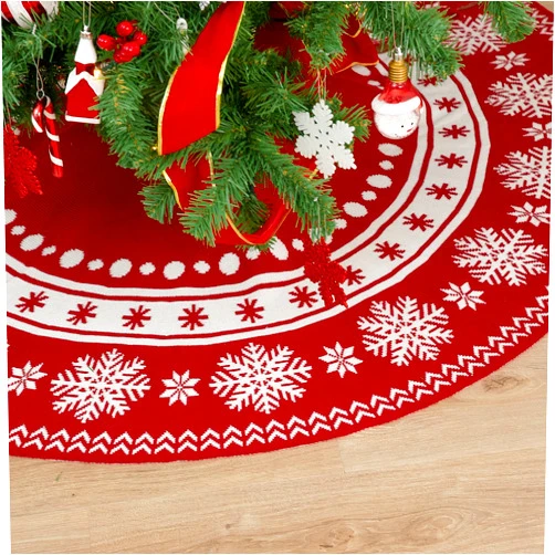 WBHome Christmas Tree Skirt, 52 inch Red Double-Sided Cable Knitted Xmas Tree Skirt with Snowflake Pattern, Thick Rustic Holiday Home Party Decoration, Red, Fit for Up to 9FT Xmas Tree
