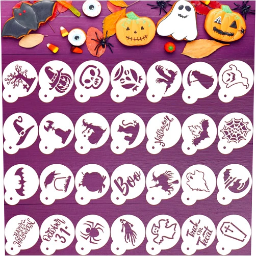 Cunhill 30 Pieces Halloween Cookie Stencil Reusable Halloween Stencils and Templates Cake Painting Stencils Baking Painting Mold Tools for Halloween Party Dessert Coffee Cookies Birthday Cake DIY Decoration