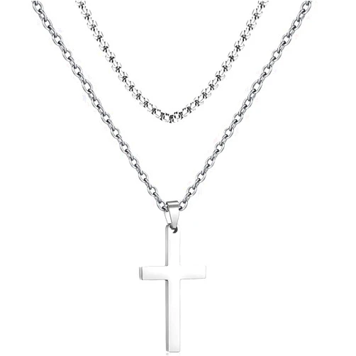 KAMHX Stainless Steel Cross Necklace Layered Box Chain and O-Chain Cross Pendant Necklace Simple Christ Cross Jewelry Gifts Necklace for Men Women Boys Girls Silver Gold Black