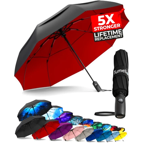TUMELLA Strongest Windproof Travel Umbrella (Compact, Superior & Beautiful), Small Strong but Light Portable and Automatic Folding Rain Umbrella, Durable Premium Grip, Fits Car & Backpack