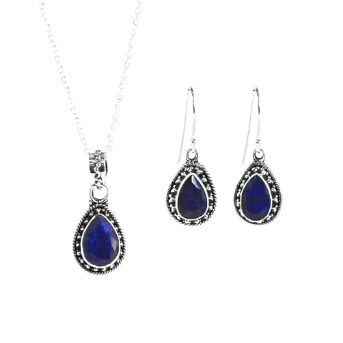 Sivalya AMALFI Raw Sapphire Necklace and Earring Set in Solid Silver - Jewelry Set for Women in 925 Sterling Silver - Natural Teardrop Stones sapphire Gemstone Jewelry- Gift Packaging Included