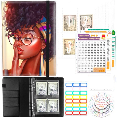 SOMFUAKA 100 Envelopes Money Saving Challenge, Money Saving Binder, Budget Binder Savings Challenge Book, Savings Challenges Budget Book Binder,Budget Planner Book for Saving Money, African American Girl