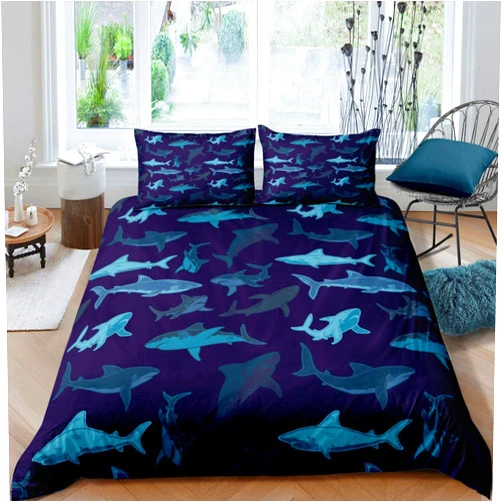 Erosebridal Sharks Bedding Set, Large Reef Shark Duvet Cover, Deep Ocean Animal Quilt Cover For Kids Boys Girls, Rodents Wild Marine Life Hawaiian Comforter Cover Child Room Décor 3Pcs Queen Size Navy Blue