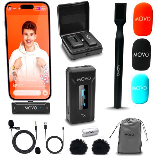 Movo WMX-2-L Wireless Lavalier Microphone for iPhone/Lightning Devices with WMX-HM Handheld Adapter - Lapel Mic with Handle Mount for Content Creators, Interviews, Reporting