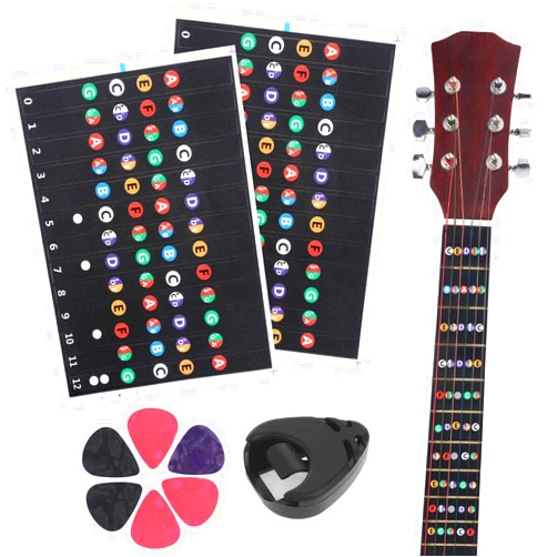 Vin Beauty 2 PCS Guitar Fretboard Stickers with 6 Guitar Picks Guitar Learning Tools Kit Colored Coded Note Decals Guitar Practice Fingerboard Stickers Self Adhesive