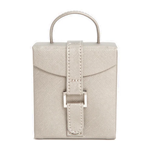 Wolf Designs Heritage Fold-Out Jewelry Box, Pewter Saffiano - Three Compartments, One Ring Roll + Three Necklace Hooks