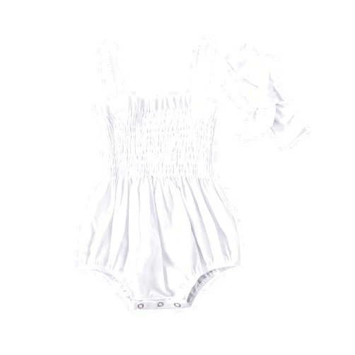 FOMOYUU Newborn Baby Girl Romper Summer Sleeveless Smocked Cotton Linen Clothes Outfit with Headband