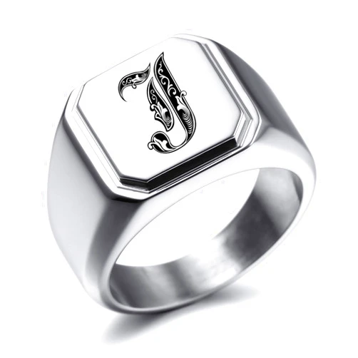 MeMeDIY Personalized Engraved Initial Monogram Signet Ring for Men Women Customize Stainless Steel Wedding Letter Rings Jewelry Bundle with Ring Size Adjusters