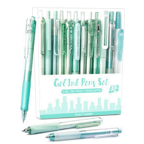Four Candies 12Pack Pastel Gel Ink Pen Set, 11 Pack Black Ink Pens with 1Pack Highlighter for Writing, Retractable 0.5mm Fine Point Cute Note Taking Pens for School Office (Green)
