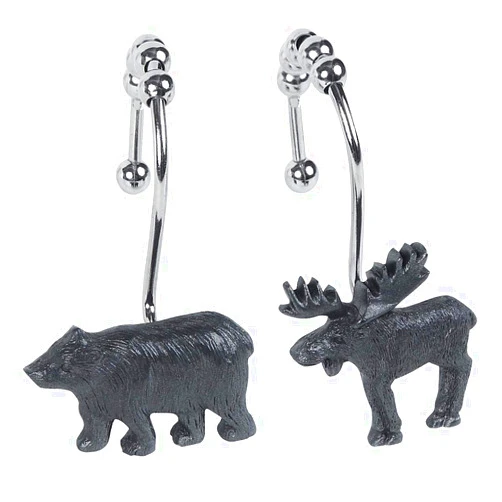 DS BATH Woodland Black Bear Shower Curtain Hooks,Lodge Bathroom Curtain Hooks,Decorative Animal Hooks for Shower Curtains,Set of 12