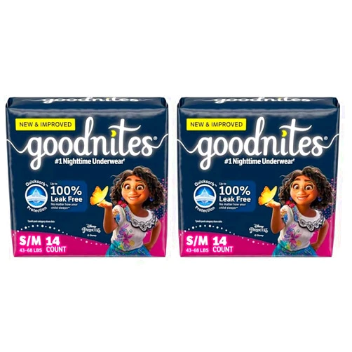 Goodnites Girls' Nighttime Bedwetting Underwear, Size S/M (43-68 lbs), 14 Ct (Pack of 2)