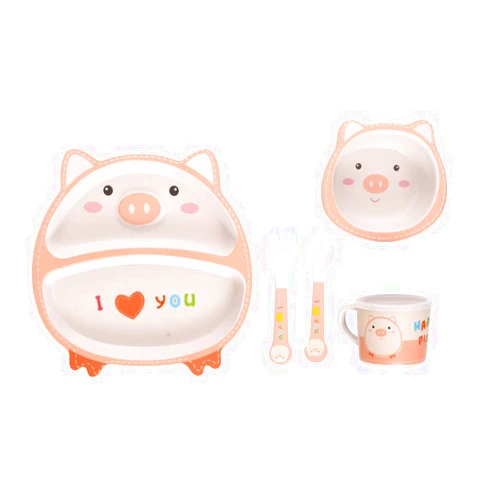 Fekdod Kids Dinnerware Set Bamboo 5 Pcs with Plate Bowl Cup Fork Spoon (Pig)