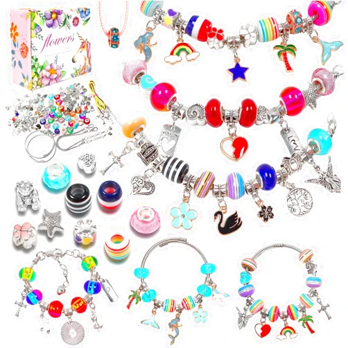 Nairua 106Pcs Charm Bracelet Making Kit for Girls Unicorn Mermaid Crafts Gifts Set Charm Bracelets Kit DIY Jewelry Making Supplies with Beads, Pendant, Bracelets, Necklace Cords for Teens Girls