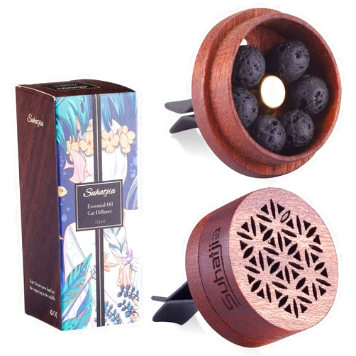 Suhatjia Wooden Car Diffuser for Essential Oils,2 PCS Car Aromatherapy Wood with Vent Clip.Come with 6 volcanic lava stone and 2 refill pads (Cherry Wood-A