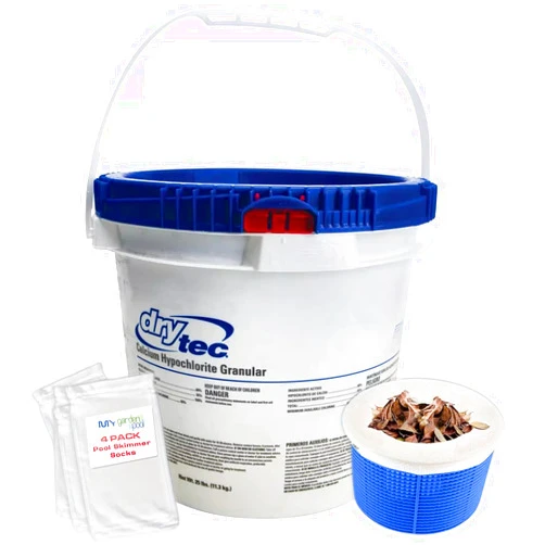 My Garden Pool Drytec Calcium Hypochlorite Pool Shock 68%, 25 LB, Complete Pool Care Kit with My Garden Pool Skimmer Sock Powerful Chlorine Shock for Clear Swimming Water