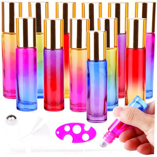inice 12 Pack,Roller Bottles Gradient Color Glass Bottle for Essential Oils Applicator,10ml Roll on Bottle with Golden Metal Cap for Daily Care