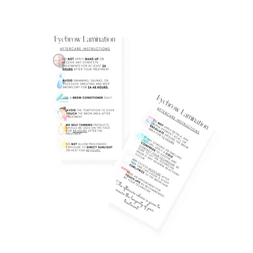 Boutique Marketing LLC Eyebrow Lamination Aftercare Instruction Cards | Physical Printed 2 x 3.5” inches Business Card Size | Starter Lift Kit with Tint at home diy aftercare supplies | White with Icons Design