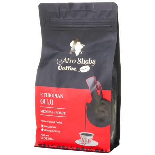 Afro Sheba Coffee - Whole Bean Medium Roast Coffee - Full Body - Ethiopian Single Origin - Ground - Low Acid - Washed & Natural - 1 lb (16 oz) (Guji)