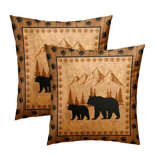 Granbey Bear Throw Pillow Covers 18x18 Inch Set of 2 Retro Brown Mountain Decorative Pillowcase Rustic Cabin Bear Hunting Animal Paw Prints Decorative Cotton Cushion Case for Home Sofa Bedroom