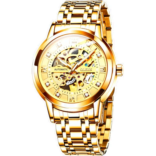 OLEVS Gold Skeleton Men's Automatic Mechanical Watches self Winding Luxury Dress Shiny Diamond Stainless Steel Waterproof Luminous Wrist Watches