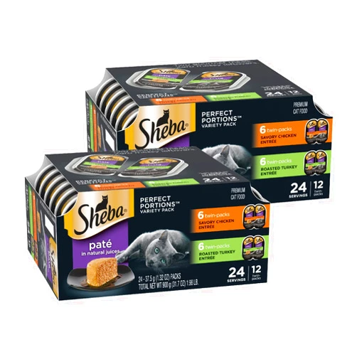 SHEBA PERFECT PORTIONS Paté Adult Wet Cat Food Trays (24 Count, 48 Servings), Savory Chicken and Roasted Turkey Entrée, Easy Peel Twin-Pack Trays