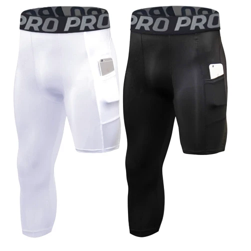 LNFINTDO 2 Pack One Leg Compression Tights Men 3/4 Basketball Leggings Single Leg Athletic Pants with Pockets for Running