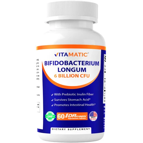 Vitamatic Bifidobacterium Longum 6 Billion CFU per DR Capsule - 60 Count - Promotes Intestinal Health - Made with Prebiotic Inulin Fiber
