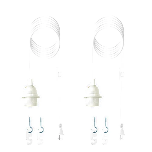 Zarnicy Plug in Light Socket - 16Ft Pendant Light Cord Kit E26/E27 Light Socket Hanging Lantern Lamp Cord with On/Off Switch,Socket Rings, 2 Pack, White