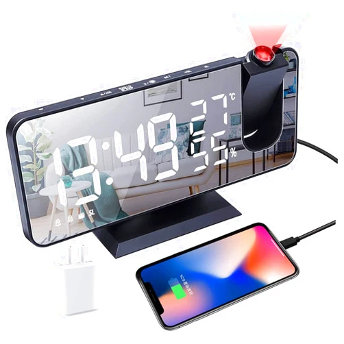 Hanaix Projection Alarm Clock for Bedrooms Ceiling, Alarm Clock Radio with USB Charger Port, Temperature & Humidity Display, 7.3” Large LED Display,12/24H,Snooze,Dual Loud Alarm Clock- 4 Dimmer