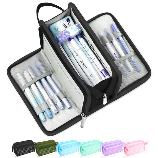 Sooez Large Pencil Case, Big Capacity Pencil Pouch Pen Bag with 3 Compartment, Portable Canvas Stationery Organizer with Zipper, Cute Aesthetic School Supplies for Teen Girls College, Black with Plaid