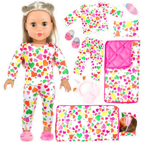 UNICORN ELEMENT 18 inch Girl Doll Clothes and Accessories Set-Colorful Love Sleeping Bag Pajamas Eye Masks Earmuffs Pillow Fits 18 inch Doll