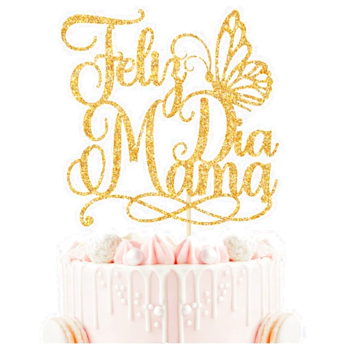 Calarjeta Feliz Dia Mama Cake Topper, Happy Mothers Day Cake Decor, Feliz Cumpleanos Mama Decorations, Best Mom Ever, Mother's Day Party Decorations (Gold Glitter)
