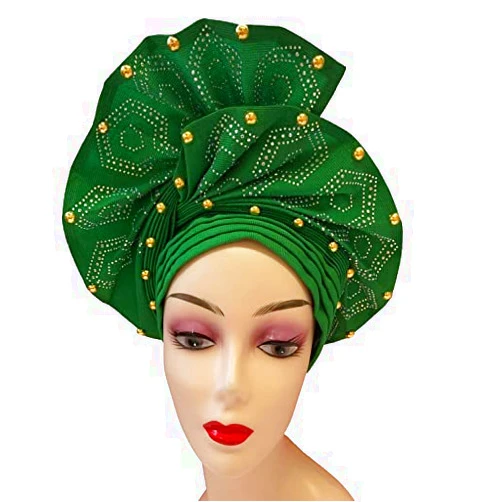 QliHut Luxury Nigerian ASO Oke Headtie Already Made African Headtie Women Headbands Head Wrap Turban Cap Auto Gele Headties Femme Headscarf Headgear Sewing Fabric for Party (Green)