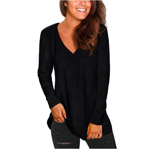 Tobrief Women's Long Sleeve V-Neck Shirts Loose Casual Tee T-Shirt with Pocket