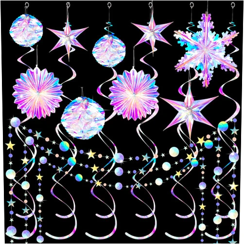 Jerify 37 Pcs Iridescent Party Decorations Disco Holographic Garland Star and Snowflake Hanging Honeycomb Ball Decorative Plastic Fan Snowflake Garlands Star Hanging Swirl