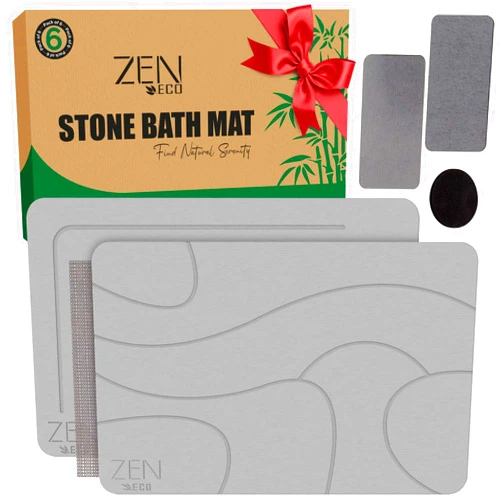ZEN-ECO Quick Dry Stone Bath Mat (6-Piece) – Bathroom Stone Mat Quick Dry with 1X Foldable Mat & 2X Stone Dish – Stone Shower Mat (23.5