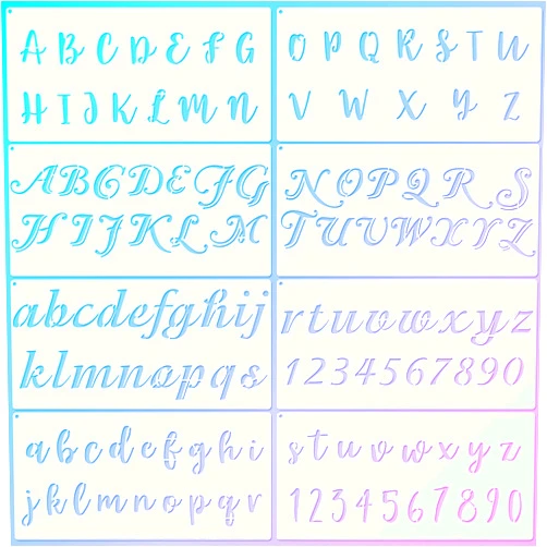 Zonon 8 Pieces Calligraphy Letter Number Stencil Reusable Template Cursive Alphabet Cake Stencils with Metal Open Ring for Cake Airbrush Art and Craft Painting (7.8 x 3.9 Inch)