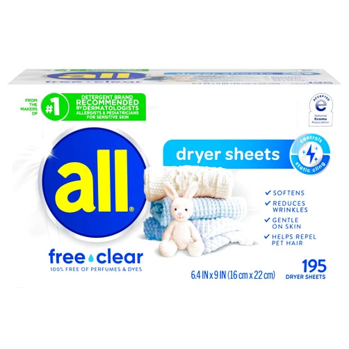 all Fabric Softener Dryer Sheets for Sensitive Skin, Free Clear, 195 Count