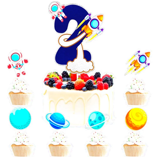 LIANGSS 7 Pcs Outer Space Cake Toppers Set Universe Theme Kids 2nd Birthday Happy, astronaut birthday party or planet theme party spaceship rocket decoration that both boys and girls will love. LIANGSS