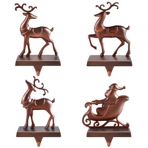 MCEAST Set of 4 Christmas Stocking Holders Santa and Reindeer Mantle Stocking Hangers Metal Christmas Hanging Hooks Safety Hanger Grips for Fireplace Decoration, Black