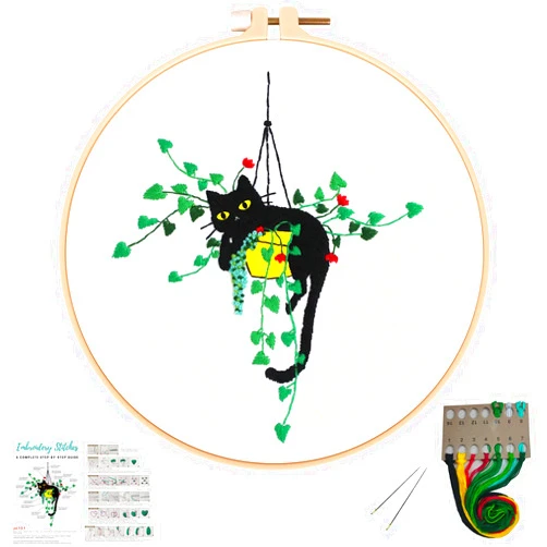 Louise Maelys Embroidery kit for Beginners,Cat Stamped Pattern Cross Stitch Kits for Adult Including Embroidery Cloth,Hoop, Color Threads,Needles and Instruction