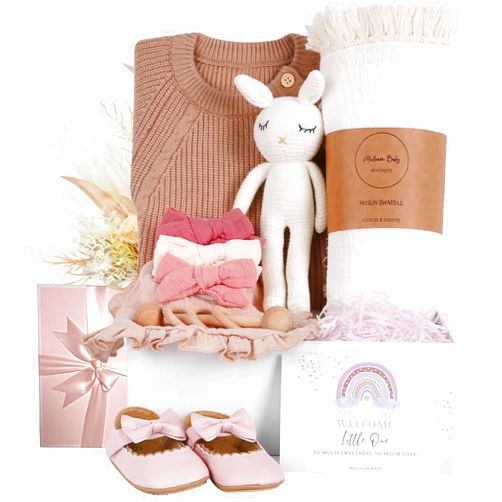 meloom Deluxe Baby Girl Gift Set, Newborn Baby Shower Gifts Basket, Newborn Gifts Box, Boho Baby Girl Essentials, Baby Shower Gifts for New Moms, Personalized New Baby Gifts
