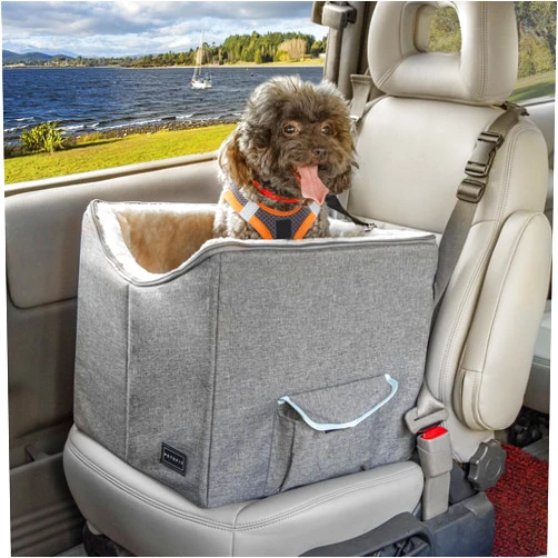 Petsfit Small Dog Car Seat, Pet Travel Car Booster Seat with Safety Belt, Washable Double-Sided Cushion and Storage Pocket for Small Pet (Small, Light Grey)