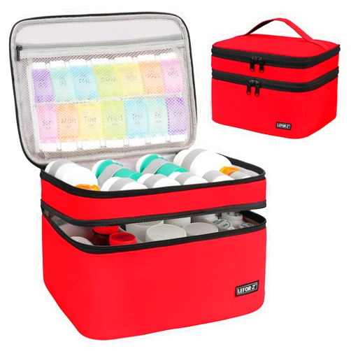 LEFOR·Z Medicine Storage Bag,Double Layers Pill Bottle Organizer Bag Empty with Lockable Zipper&Adjustable Divider,Medication Travel Carrying Bag for Pills,Vitamins,Medical Supplies,Red