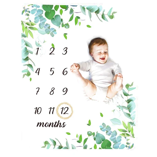 Tebaby Baby Monthly Milestone Blanket Boy - Neutral Leaf Newborn Month Blanket for Boy & Girl Personalized Shower Gift Soft Plush Fleece Photography Background Prop with Wooden Wreath Large 51''x40''
