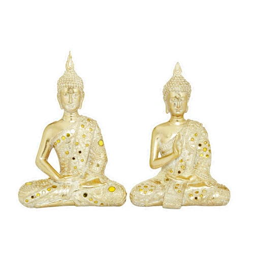 Deco 79 Polystone Buddha Decorative Sculpture Meditating Home Decor Statues with Engraved Carvings and Relief Detailing, Set of 2 Accent Figurines 10
